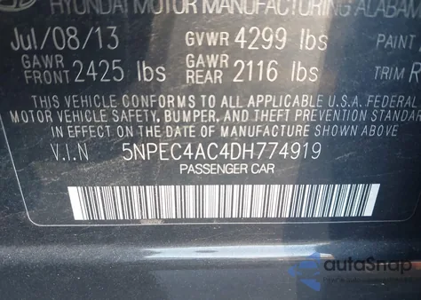 2013 Hyundai Sonata Se z USA, uszkodzony, nr VIN 5NPEC4AC4DH774919